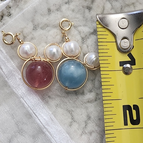 2 pc Mickey minnie charms aquamarine and strawberry quartz with freshwater pearl - Picture 2 of 2
